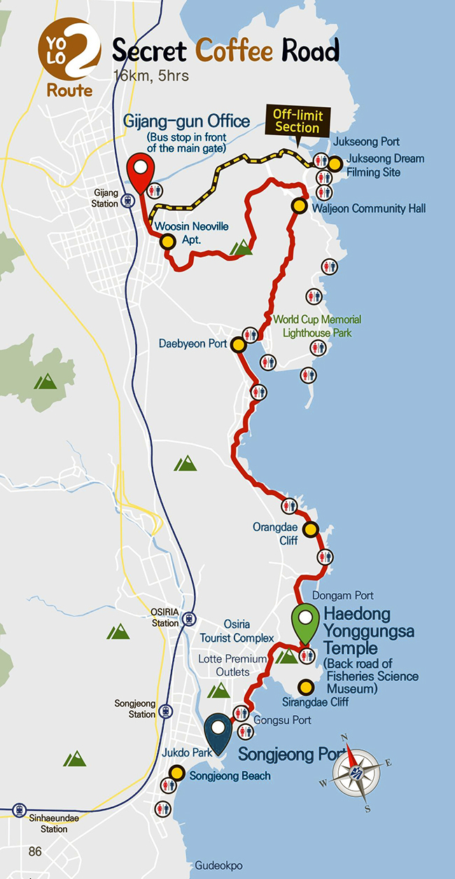 YOLO2Route(Gijang-gunOffice~WoosinNeovilleApt. ~Bongdaesan Mountain ~ Waljeon~ Daebyeon port ~ Orangdae
                    ~ Haedong Yonggungsa Temple ~ Songjeong Port)