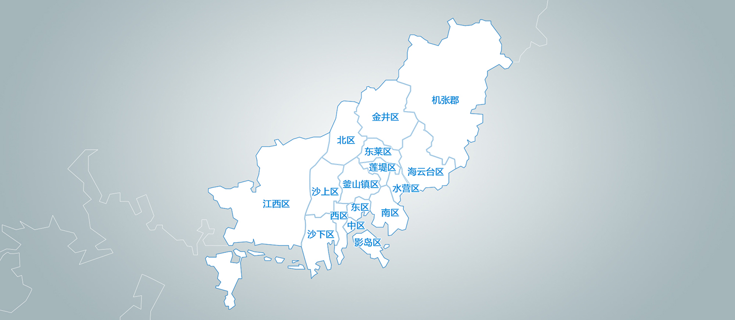 自治区、郡 中区, 西区, 东区, 影岛区, 釜山镇区, 东莱区, 南区, 北区, 海云台区, 沙下区, 金井区, 江西区, 莲堤区, 水营区, 沙上区, 机张郡