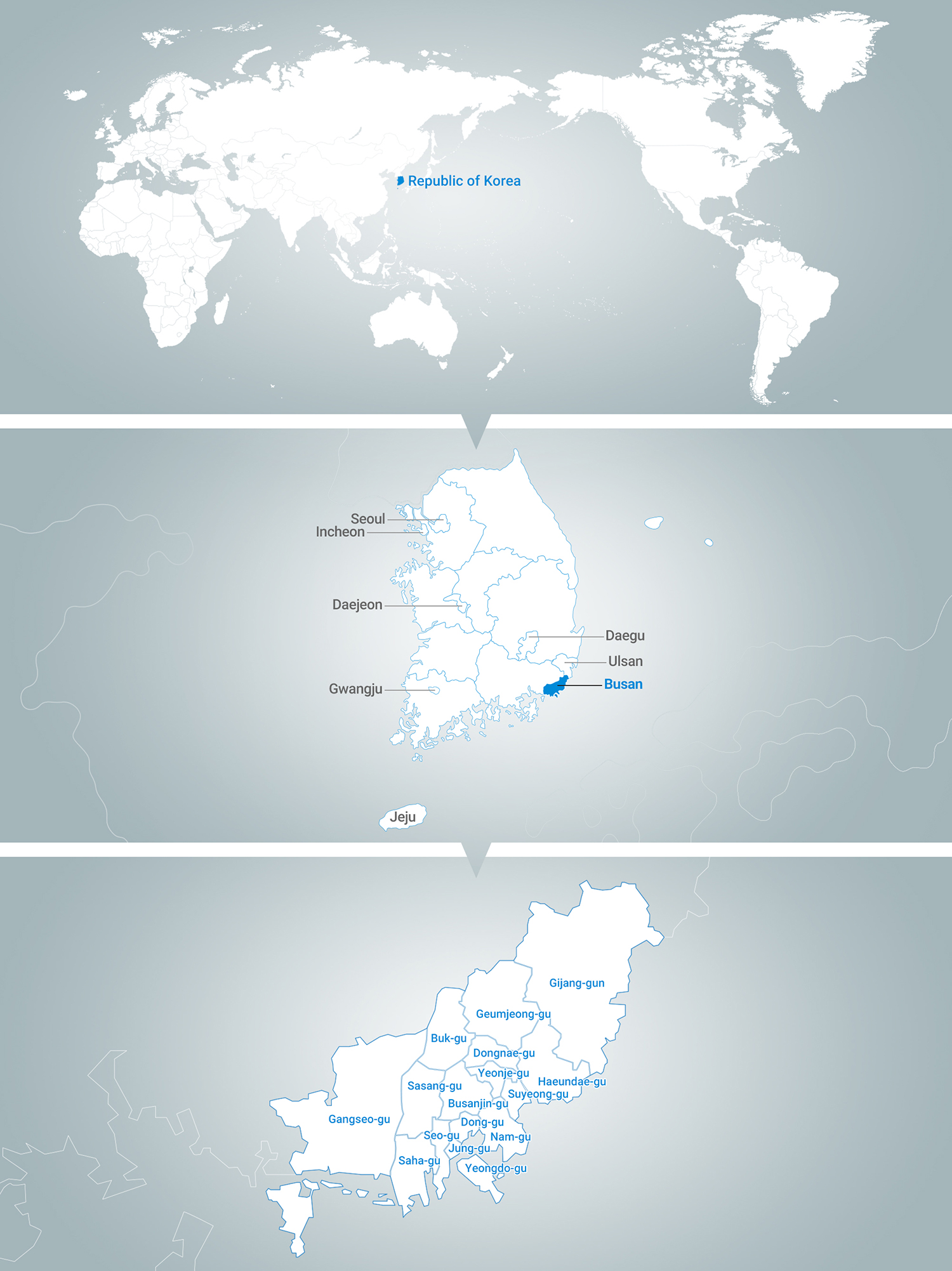 BUSAN MAP
        Gijang-gun, Geumjeong-gu, Buk-gu, Dongnae-gu, Haeundae-gu, Yeonje-gu, Suyeong-gu, Busanjin-gu, Nam-gu, Sasang-gu, Saha-gu, Dong-gu, Seo-gu, Jung-gu, Yeongdo-gu, Gangseo-gu