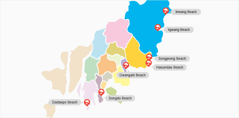 Haeundae Beach, Songjeong Beach, Songdo Beach, Gwangalli Beach, Dadaepo Beach, Ilgwang Beach, Imrang Beach