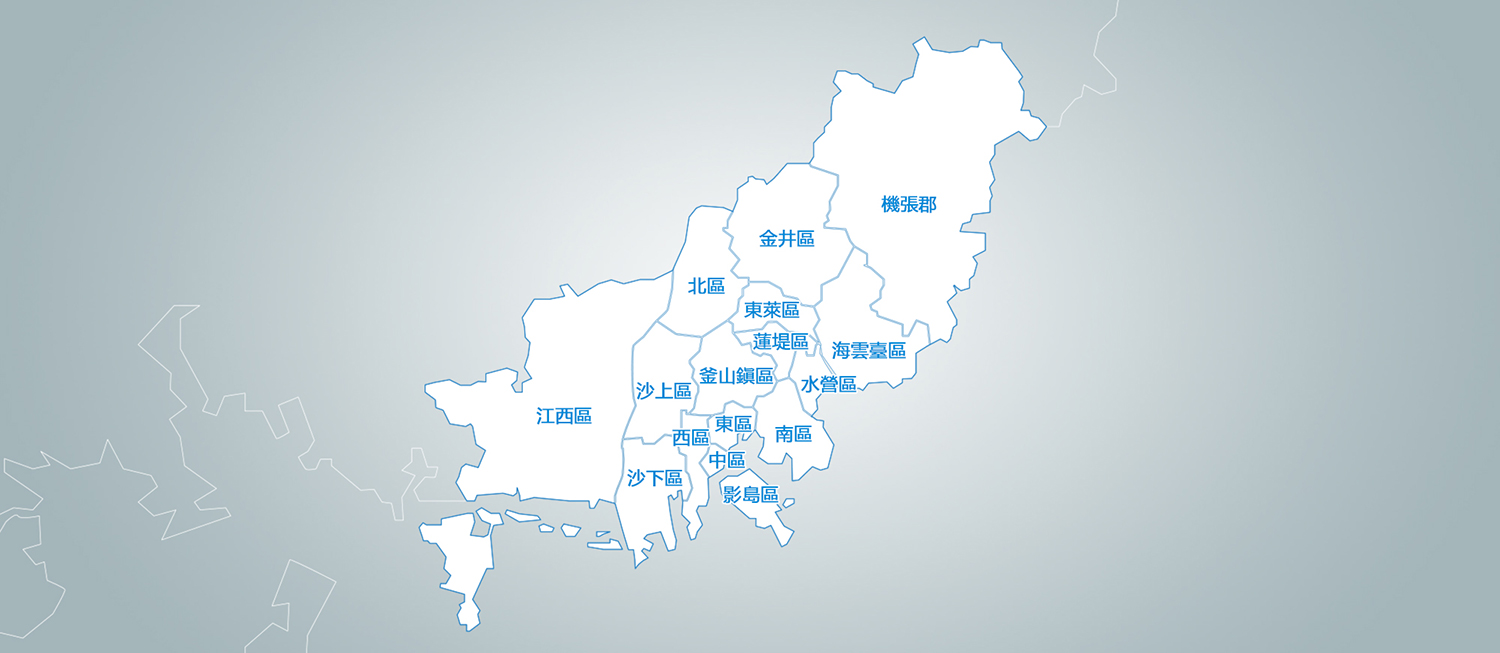 自治區、郡 中區, 西區, 東區, 影島區, 釜山鎭區, 東萊區, 南區, 北區, 海雲臺區, 沙下區, 金井區, 江西區, 蓮堤區, 水營區, 沙上區, 機張郡