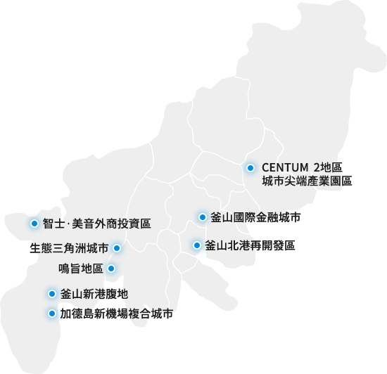 A 智士・美音外国人投資地域 / B エコデルタシティ / C 釜山港北港再開発地区 / D 鳴旨地区 / E 釜山港新港背後団地 / F センタム2都市先端産業団地 / G 釜山国際金融都市 / H 加徳島空港複合都市