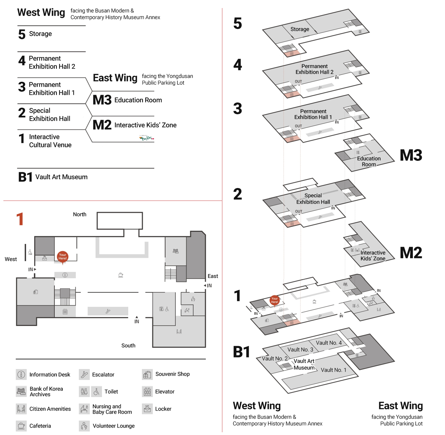 West Wing : facing the Busan Modern&Contemporary History Museum Annex
  5: Storage
  4: Permanent Exhibition Hall 2
  East Wing: facing the Yongdusan Public Parking Lot
  3: Permanent Exhibition Hall 1
  M3: Education Room
  2: Special Exhibition Hall1L Ineractive Cultural Venue
  M2: Interactive Kids Zone
  1: Interactive Cultural Venue
  B1: Vault Art Museum