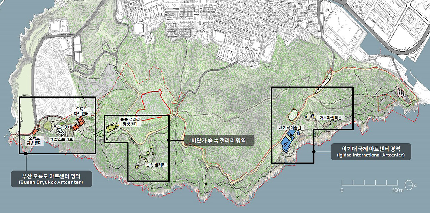 (공원 완성) `31.~ : 오륙도 아트센터 등
              (공원본격화) `29.~`31. : 세계적 미술관 개관
              (공원 첫발)`25.~`29. : 아트 파빌리온 설치
              부산 오륙도 아트센터 영역(Busan Oryukdo Artcenter) : 오륙도 탐방센터, 자연마당, 목조전망대, 옛돌 스트리트
              바닷가 숲 속 갤러리 영역 : 숲속 갤러리 탐방센터, 숲속 갤러리
              이기대 국제 아트센터 영역(Igidae International Artcenter) : 아트파빌리온, 세계적미술관