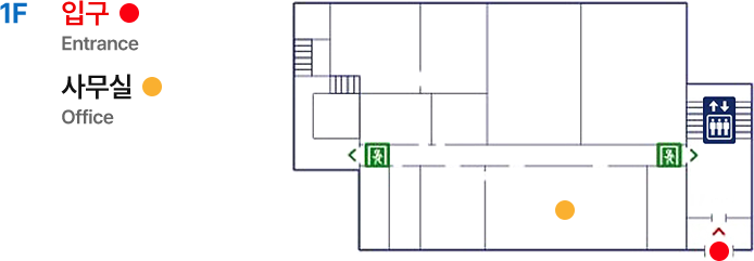 1F : 입구(Entrance)를 기준으로 시계방향으로 사무실(Office), 비상구1개, 엘리베이터, 비상구1개가 있습니다