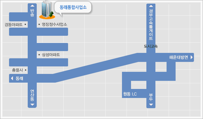 반송 경동아파트 명장정수사업소 삼서아파트 충렬사 북부통합사업소 동래 연산동 원동 I.C 부두 해운대방면 경수고속톨게이트 도시고속