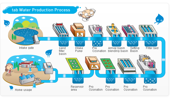 Intake gate→sand filter basin→intake pump→pre ozonation→arrival basin blending basin→setting basin→filter bed→pro ozonation→granular active carbon filter bed→pure reservoir→pumping plant→resevoir area→ppessuring pumping plant→home usage