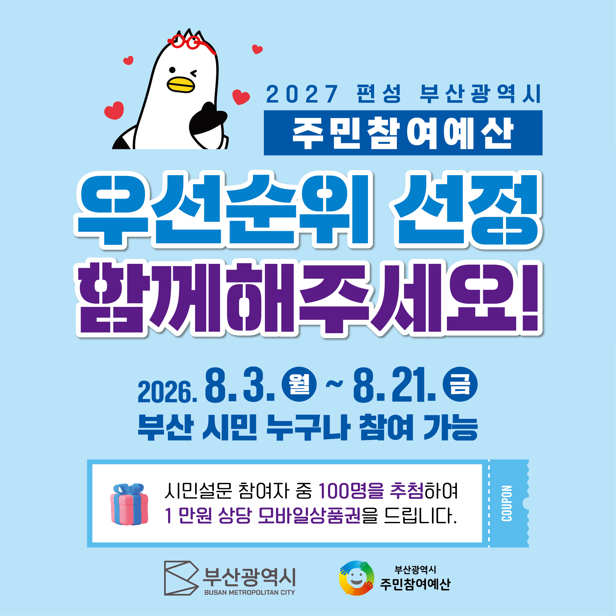 2027편성 부산광역시 주민참여예산 우선순위선정 함께해주세요!
				2026.8.3.월~8.21.금 부산 시민 누구나 참여 가능 시민설문참여자 중 100명을 추첨하여 1만원 상당 모바일 상품권을 드립니다.