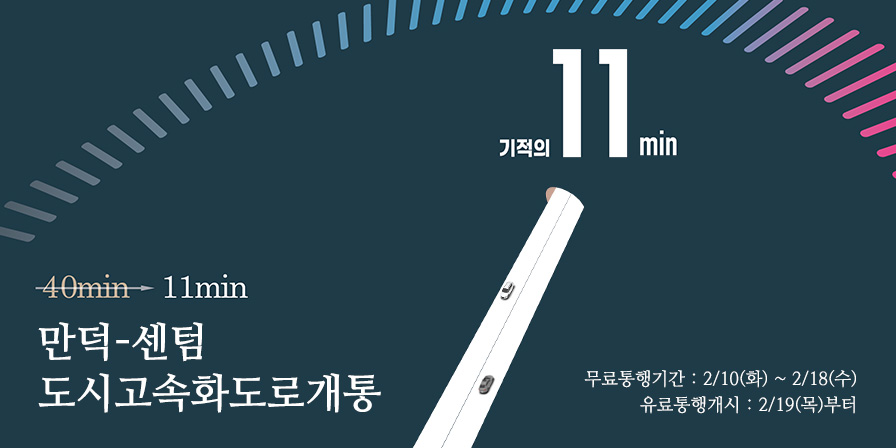 기적의 11 min 40min 빗줄 11min 만덕-센텀 도시고속화도로개통 무료통행기간: 2/10(화) ~ 2/18(수) 유료통행개시 : 2/19(목)부터