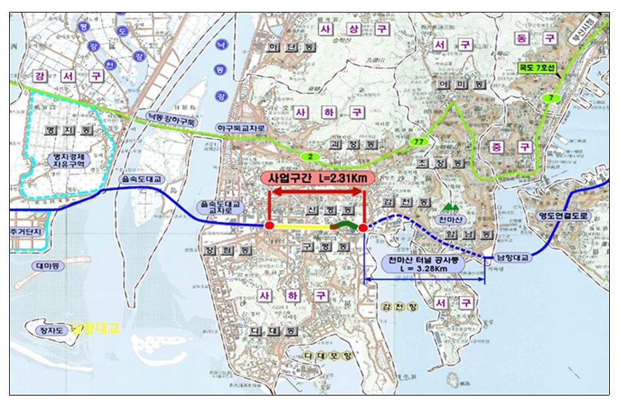 을숙도대교와 천마산터널을 잇는 도로 위치도