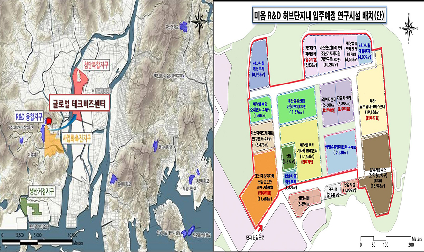 촤측이미지 - 글로벌 테크 비즈센터 위치도: 첨단복합지구, R&D융합지구, 사업화촉진지구, 생산거점지구 중심에 위치.
    우측이미지 - 미음R&D 허브단지내 입주예정 연구시설 배치(안): 허브단지 진입도로 반대편 우측에 배치