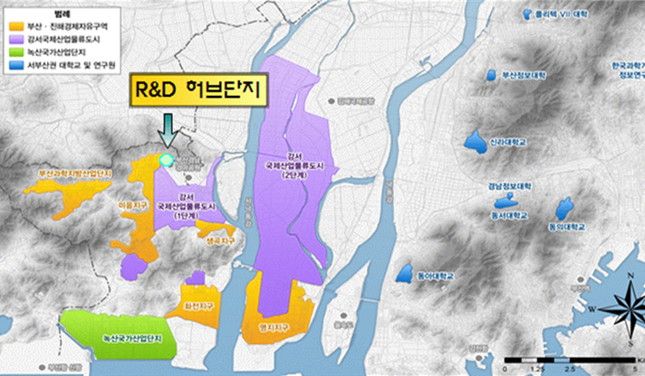 해양융복합 소재 산업화사업 위치도 :부산 ㆍ진해경제자유구역, 강서국제산업물류도시, 녹산국가산업단지, 화전지구, 명지지구, 서부산권 대학교 및 연구원 표시된 지도. 부산경마공원 옆 R&D 허브단지 표시