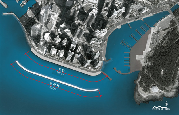 수영만 자연재해위험개선지구 정비사업 계획도 : 호안- 780m, 방파제 - 650m 