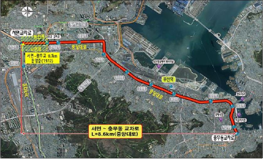 서면 ~ 충무동 교차로 L=8.6km(중앙대로) BRT 구축 위치도