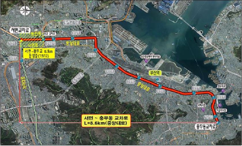 서면 ~ 충무동 교차로 L=8.6km(중앙대로) BRT 구축 위치도
                    