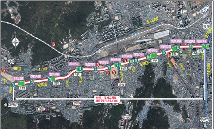 서면 ~ 주례 교차로 L=5.4km BRT 구축 위치도