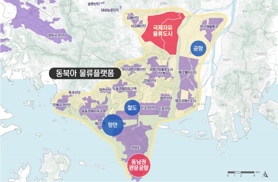 동북아 물류플랫폼 : 국제자유 물류도시, 동남권 관문공항, 항만, 철도, 공항