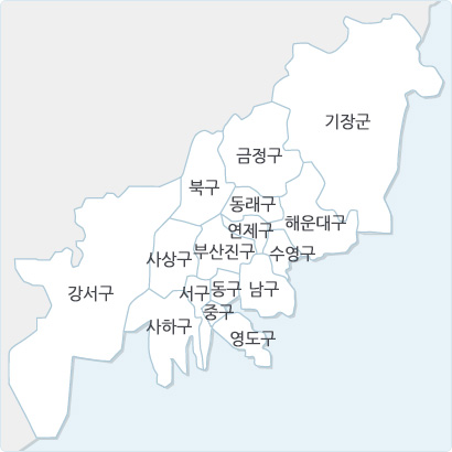 부산광역시 구·군별 지도:강서구,사하구,사상구,서구,중구,동구,부산진구,북구,영도구,금정구,동래구,연제구,남구,수영구,해운대구,기장군