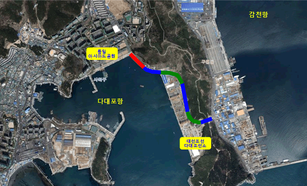 감천항∼다대포항 사이 통일아시아드공원을 시점으로 대선조선 다대조선소를 잇는 연결도로건설 위치도