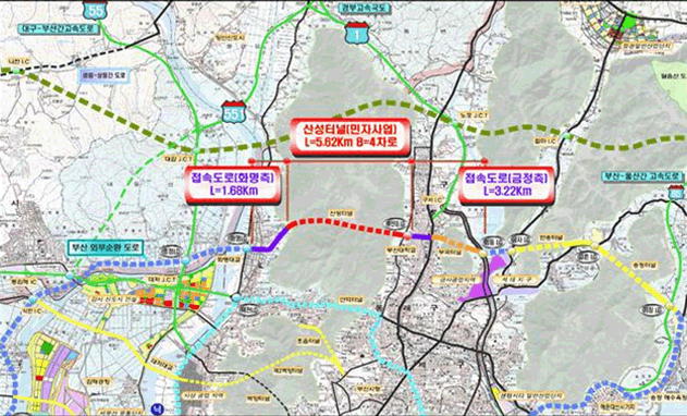 화명측L=1.68Km, 금정측L=3.22Km 두 접속도로를 이은 산성터널 민간투자사업 위치도