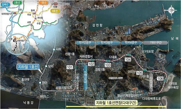 도시철도 1호선 연장(다대선) 건설 위치도