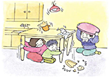 While shaking, which is usually over within one or two minutes, stay under a large table until the quake has stopped.  If there’s nowhere to hide yourself, protect your head with pillows or blankets.