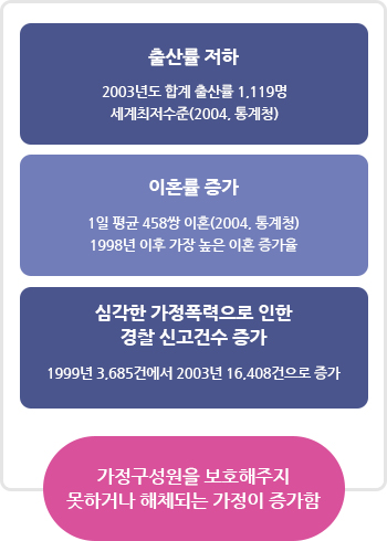 가정기능의 약화 : 1)출산률 저하(2003년도 합계 출산률 1,119명, 세계최저수준(2004, 통계청)) 2)이혼률 증가(1일 평균 458쌍 이혼 (2004, 통계청),1998년 이후 가장 높은 이혼 증가율) 3)심각한 가정폭력 경찰 신고건수 증가(1999년 3,685건에서 2003년 16,408건으로 증가), 가정구성원을 보호해주지 못하거나 해체되는 가정이 증가함