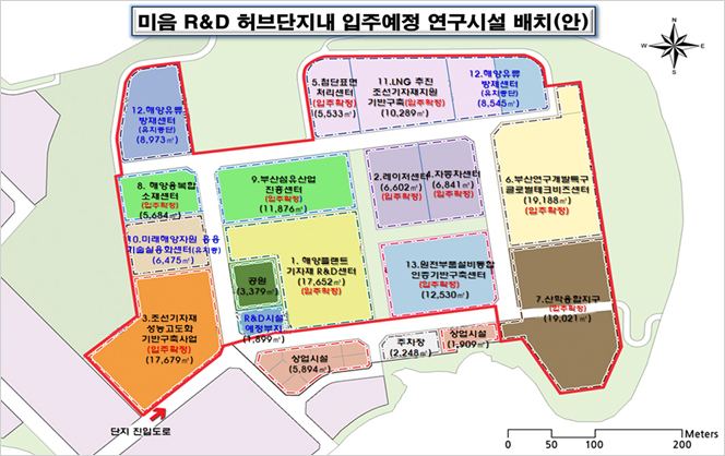 산학융합지구 조성사업 위치도▷미음 R&D 허브단지내 입주예정 연구시설 배치(안),단지 진입도로로 들어가서 1.해양플랜트기자재R&D센터(17,652m²),2.레이저센터(6,602m²)(입주확정), 3.조선기자재성능고도화기반구축사업(입주확정)(17,679m²),4.자동차센터(6,847m²)(입주확정), 5.첨단표현처리센터(입주확정)(5,533m²),6. 부산연구개발특구글로벌테크비즈센터(19,188m²)(입주확정),7. 산학융합지구(입주확정)(19,021m²),8.해양융복합소재센터(입주확정)(5,684m²),9.부산섬유산업진흥센터(입주확정)(11,876m²),10.미래해양자원응용기술실용화센터(유치중)(6,475m²), 11.LNG추진조선기자재지원기반구축(입주확정)(10,289m²), 12.해양유류방제센터(유치중단)(8,545m²), 13.원전부품설비통합인증기반구축센터(입주확정)(12,530m²), 공원(3,379m²), R&D시설예정부지(1,899m²), 상업시설(5,894m²), 주차장(2,248m²), 상업시설(1,909m²))