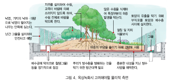 옥상녹화시 고려해야할 물리적측면 난간 그물을 설치하여 안전사고 예방, 배수공에 막히므로 철망등을 정기적으로 점검, 뿌리가 방수층을 방해하는 것을 막기 위한 방근대책 필요, 충분한 내성을 지닌 방수 사양을 채택한다. 그물, 토양의 유출을 막기 위해 부직포를 토양과 배수층 사이에 설치한다. 멀칭 및 지피 식물보식, 많은 수종을 식재하여 특정부분의 하중 발생을 막는다. 하중의 부담을 줄이기 위해 경량토 사용, 지주를 설치하여 수림, 교옥이 바람에 의해 쓰러지지 않도록 하며, 수림 전체로 바람을 막도록 한다. 낙엽, 가지의 낙하,대량으로 낙엽이 떨어지는 나무는 안쪽에 심는다