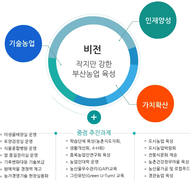 비전(작지만 강한 부산농업 육성)-기술농업, 인재양성, 가치확산  -중점 추진과제 - 미생물배양실 운영, 토양검정실 운영, 식물종합병원 운영, 쌀 품질관리실 운영, 기후변화대응 기술보급, 원예작물 경쟁력 제고, 농가경영기술 현장실용화, 학습단체 육성(농촌지도자회, 생활개선회,4-H회), 품목농업인연구회 육성, 농업인대학 운영, 농산물우수관리(GAP)교육, 그린유턴(Green U-Turn)교육, 동시농업 육성, 도시농업박람회, 전통식문화 계승, 농촌건강장무마을 육성, 농산물가공 및 로컬푸드, 경관농업 육성