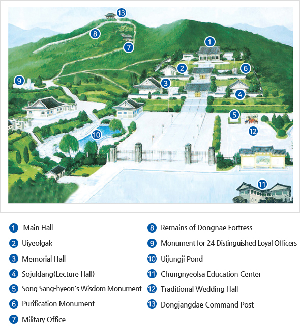 Chungnyeolsa Shrine Map 1 Main Hall, 
        2 Uiyeolgak, 3 Memorial Hall, 4 Sojuldang(Lecture Hall), 5 Song Sang-hyeon's Wisdom Monument, 
        6 Purification Monument, 7 Office of Military Affairs, 8 Dongnaeeupseong Fortress Site, 9 Monument for 24 Distinguished Loyal Officers, 
        10 Uijungji Pond, 11 Education Center, 12 Traditional wedding hall, 13 Dongjangdae Command Post