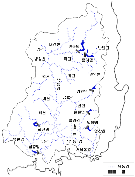 영강, 내성천, 안동댐, 반변천, 병선천, 이천, 임하댐, 감천, 낙동강, 위천, 길안천, 백천, 금호강, 영천댐, 신천, 회천, 운문댐, 밀양강, 합천댐, 청도천, 밀양댐, 양산천, 덕천강, 남강, 낙동강, 남강댐, 서낙동강, 낙동강, 댐