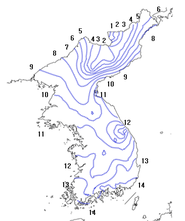 대한민국 전국 기온 분포도