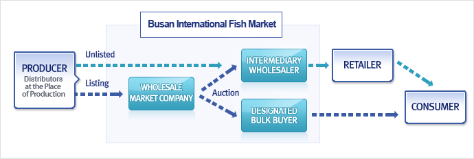 Busan International Fish Market. 
PRODUCER(Distributors at the Place of Production)
(1) Unlisted → INTERMEDIARY WHOLESALER → RETAILER → CONSUMER
(2) Lising → WHOLESALE MARKET COMPANY → Action
 → (2-1) INTERMEDIARY WHOLESALER → RETAILER → CONSUMER
 → (2-2) DESIGNATED BULK BUYER → CONSUMER