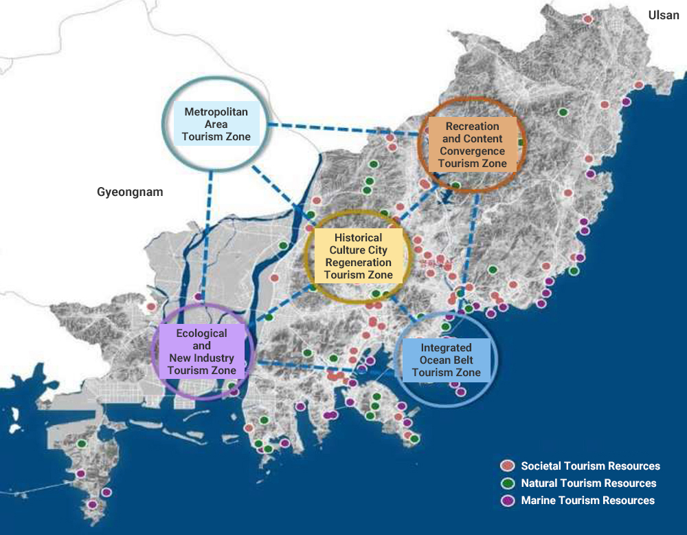 Metropolitan Area Tourism Zone
                Ecological and New Industry Tourism Zone
                Historical Culture City Regeneration Tourism Zone
                Recreation and Content Convergence Tourism Zone
                Integrated Ocean Belt Tourism Zone
                Societal Tourism Resources
                Natural Tourism Resources
                Marine Tourism Resources
                Gyeongnam
                Ulsan
                