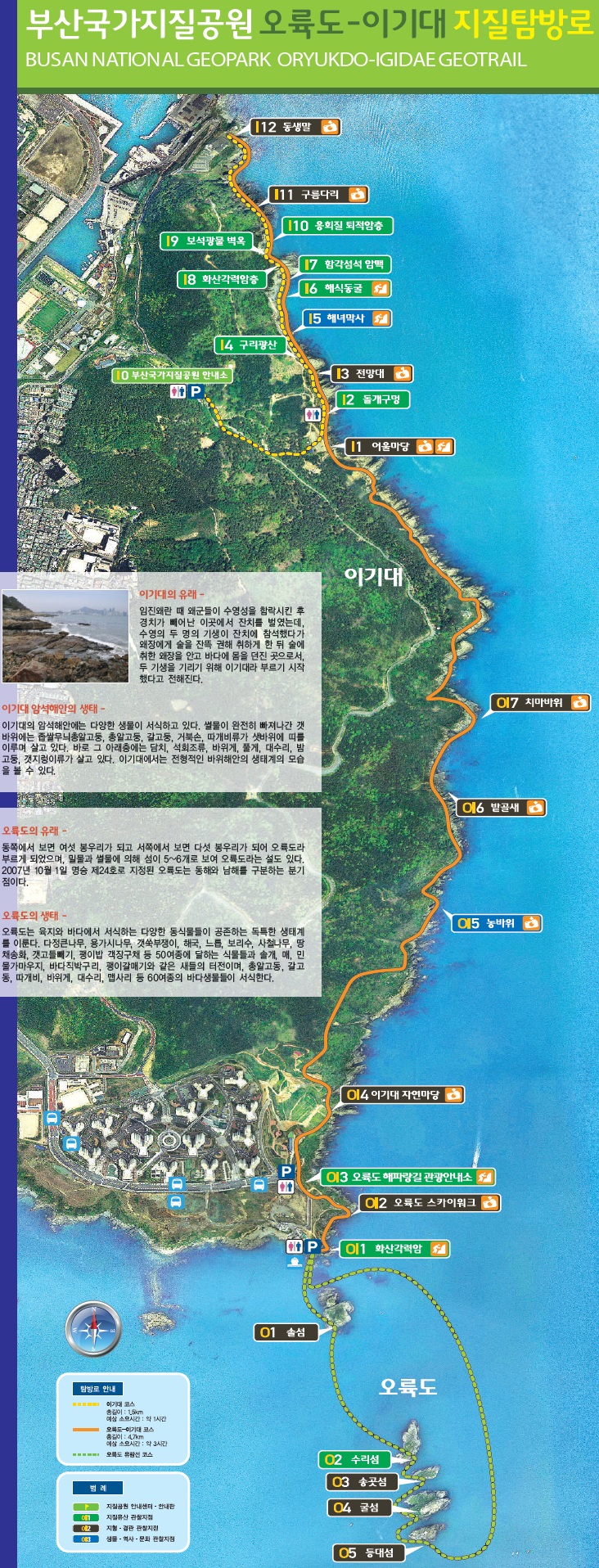 이기대의 유래 - 이곳은 임진왜란 때 왜군들이 수영성을 함락 시킨 후 경치가 빼어난 이곳에서 잔치를 벌였는데, 수영의 두 명의 기생이 잔치에 참석했다가 왜장에게 술을 잔뜩 권해 취하게 한 뒤 술에 취한 왜장을 안고 바다에 몸을 던진 곳으로서, 두 기생을 기리기 위해 이기대라 부르기 시작했다고 전해진다.
이기대 암석해안의 생태 - 이기대의 암석해안에는 다양한 생물이 서식하고 있다. 썰물이 완전히 빠져나간 갯바위에는 좁쌀무늬총알고둥, 총알고둥, 갈고둥, 거북손, 따개비류가 새사위에 띠를이루며 살고 있다. 바로 그 아래층에는 담치, 석회조류, 바위게, 풀게, 대수리, 밤고둥, 갯지렁이류가 살고 있다. 이기대에서는 전형적이나위해안의생태계의 모습을 볼 수 있다.
오륙도의 유래 - 동쪽에서 보면 여섯 봉우리가되고 서쪽에서 보면 다섯 봉우리가 되어 오륙도라부르게 되었으며, 밀물과 썰물에의해 섬이 5~6개로 보여 오륙도라는설도 있다. 2007년 10월1일 명승제24호로 지정된 오륙도는 동해와 남해를 구분하는분기점이다.
오륙도의 생태 - 오륙도는 육지와 바다에서 서식하는 다양한 동식물들이 공존하는 독특한생태계를이룬다. 다정큰나무, 용가시나무, 갯쑥부쟁이, 해국, 느릅, 보리수, 사철나무, 땅채송화, 갯고들빼기, 괭이밥 객장구채 등 50여종에 달하는 식물들과 솔개,매, 민물가마우지,바다직박구리, 괭이갈매기와 같은 새들의 터전이며, 총알고둥, 갈고둥, 따개비, 바위게, 대수리 맵사리 등 60여종의 바다생물들이 서식한다.