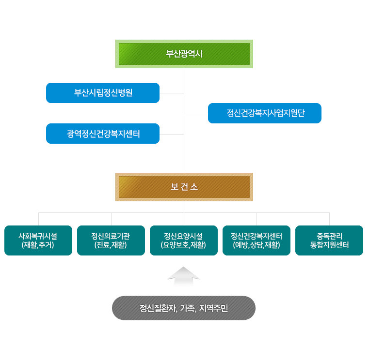 부산광역시 - 부산시립정신병원 - 정신보건사업지원단 - 광역정신건강복지센터 - 보건소 -사회복귀시설(재활,주거), 정신의료기관(진료,재활),정신요양시설(요양보호,재활),정신건강복지센터(예방,상담,재활),중독관리통합지원센터