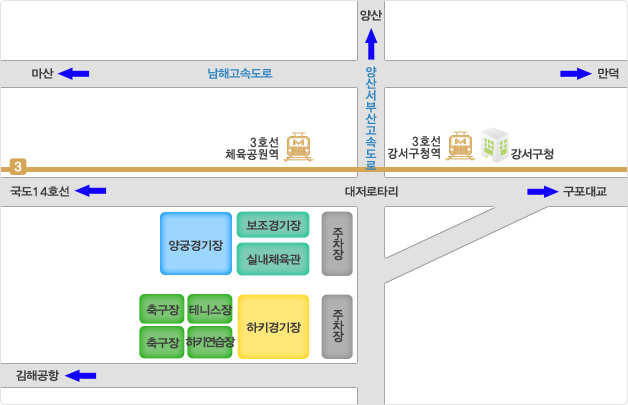 강서체육공원 오시는 길: 부산광역시 강서구 체육공원로 43 강서체육공원(자세한 내용은 아래를 참조하세요.)