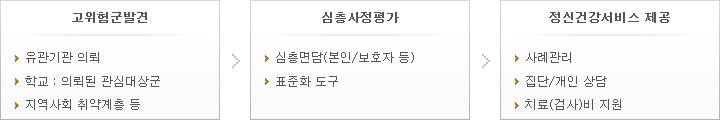 고위험군 발견 : 유관기관 의뢰, (학교) 의뢰된 관심대상군, 지역사회 취약계층 등, 심층사정평가 : 심층면단(본인/보호자 등), 표준화 도구, 정신건강서비스 제공 : 사례관리, 집단/개인 상담, 치료(검사)비 지원