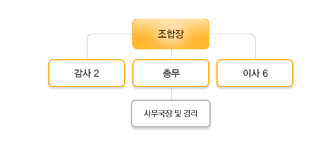 조합장 밑으로 감사2, 총무, 이사6 있으며 총무 밑으로 사무국장 및 경리가 자리하고 있습니다