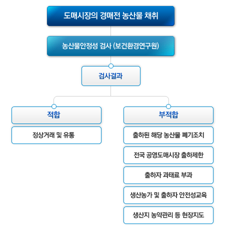 농산물 안정성검사 업무처리절차 : 도매시장의 경매전에 농산물을 채취 - 보건환경연구원에서 농산물 안정성검사를 실시 -검사결과가 적합 : 정상거래 및 유통, 검사결과가 부적합 : 출하된 해당 농산물 폐기조치, 전국 공영도매시장 출하제한, 출하자 과태료 부과, 생산농가 및 출하자 안전성교육, 생산지 농약관리 등 현장지도