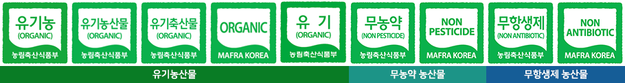 친환경농산물 인증표시 마크 : 유기농산물, 무농약 농산물, 무항생제 농산뭃