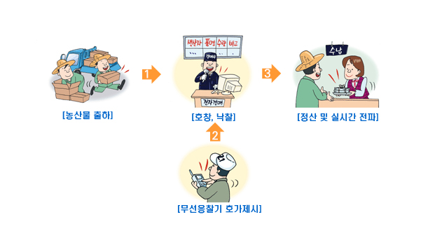 전자경매 과정 : 농산물 출하 → 호창→ 무선응찰기 호가 제시 → 낙찰 → 정산 및 실시간 전파