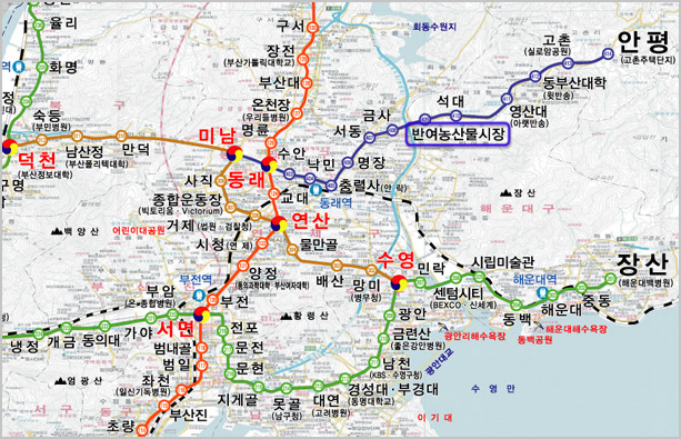 부산 도시철도 노선표 - 4호선 반여농산물시장 표시된 지도