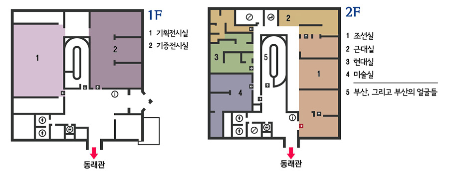 부산관 시설안내도 1층:1.기획전시실, 2.기증전시실, 3.카페테리아&기념품매장. 2층: 1.조선실, 2.근대실, 3.현대실, 4.미술실, 5.부산, 그리고 부산의얼굴들