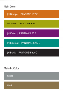 main color: jm orange - pantone 167c, jm green - pantone 391c, jm violet- pantone 255c, jm emerald - pantone 3295c, jm black- pantone black c, metallic color: silver, gold