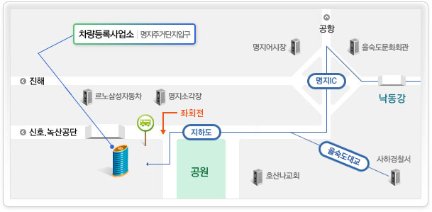 찾아오시는 길 전체지도: 명지IC에서 지하도를 지나 좌회전하여 명지주거단지입구에 위치한 차량등록사업소를 표시한 이미지. 아래 찾아오시는 길(상세) 내용을 참조해주세요.