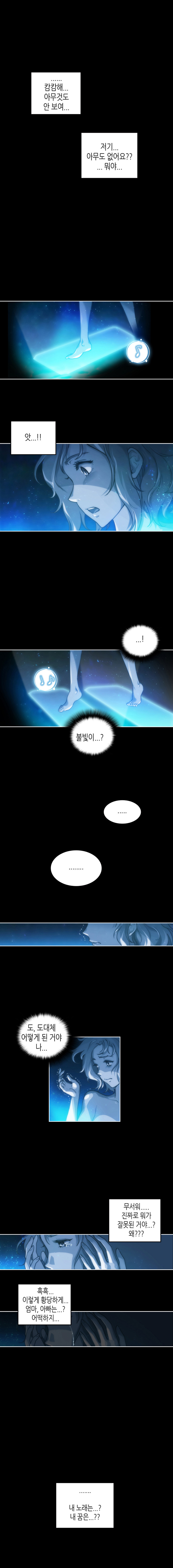유미시점
                ...... 캄캄해... 아무것도 안 보여... 저기... 아무도 없어요?? ... 뭐야... 앗...!! ...! 불빛이...? ..... ....... 
                도, 도대체 어떻게 된 거야 나... 
                무서워..... 진짜로 뭐가 잘못된 거야...? 왜??? 
                흑흑... 이렇게 황당하게... 엄마, 아빠는...? 어떡하지... 
                ...... 내 노래는...? 내 꿈은...?? 