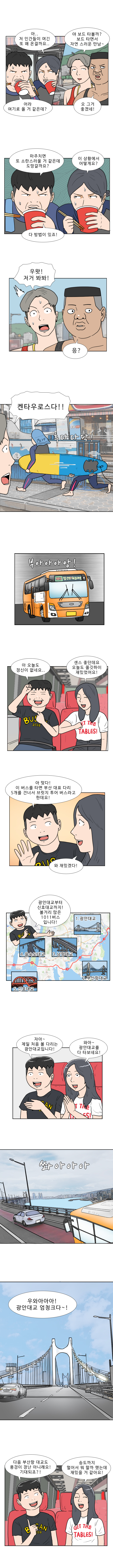 연주 : 아.. 저 인간들이 여긴 또 왜 온걸까요..
            명준 : 어라 여기로 올 거 같은데?
            헌팅남1 : 야 보드 타볼까? 보드 타면서 자연스러운 만남~
            헌팅남2 : 오 그거 좋겠네!
            명준 : 마주치면 또 소란스러울 것 같은데 도망갈까요?
            연주 : 이 상황에서 어떻게요?
            명준 : 다 방법이 있죠!
            현팅남 1 : 우왓! 저거 봐봐!
            헌팅남 2 : 응?
            헌팅남 1 : 켄타우로스다!!!
            (후다다닥!)
            (부아아아앙!)
            명준 : 아 오늘도 정신이 없네요..
            연주 : 센스 좋던데요 오늘도 쫄깃하이 재밌었어요!
            명준 : 아 맞다! 이 버스를 타면 부산 대표 다리 5개를 건너서 브릿지 투어 버스라고 한데요!
            연주 : 와 재밌겠다!
            명준 : 광안대교부터 신호대교까지! 볼거리 많은 1011버스 입니다!
            1. 광안대교 2. 부산항대교 3. 남항대교 4. 을숙도대교 5. 신호대교
            명준 : 자아 ~ 제일 처음 볼 다리는 광안대교입니다!
            연주 : 와아 ~ 광안대교를 다 타보네요!
            (쏴아아아)
            명준, 연주 : 우와아아아~ 광안대교 엄청 크다~!
            명준 : 다음 부산항대교도 풍경이 장난 아니래요! 기대되죠?!
            연주 : 송도까지 멀어서 뭐 할까 했는데 재밌을 거 같아요!
