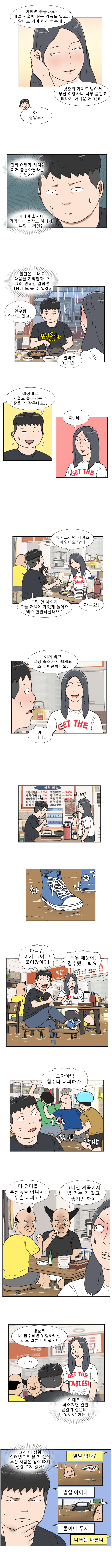  연주 : 어쩌명 좋을까요? 내일 서울에 친구 약속도 있고 알바도 가야 하긴 하는데..
                연주 : 명준씨 가이드 받아서 부산 여행하니 너무 즐겁고 떠나기 아쉬운 거 있죠.. 
                명준 : 아..! 정말요?! 
                명준 : (진짜 어떻게 하지? 이거 붙잡다달라는 뜻인가? 아니야 혹시나 착각인데 붙잡고 하다가 부담 느끼면?)
                명준 : (일단은 보내고 다음을 기약할까...? 그래 연락만 잘하면 다음에 또 볼 수 있겠지) 저.. 친구랑 약속도 있고.. 알바도 있으면..
                예정대로 서울로 돌아가는게 좋을 것 같은데요.. 
                연주 : 아.. 네..

                연주 : 뭐~ 그러면 가야죠 아쉽네요 많이.. 
                            
                명준 : 그럼 안 아쉽게 오늘 저녁에 재밌게 놀아요 맥주 한잔 하실래요? 
                연주 : 아니요! 
                연주 : 이거먹고 그냥 숙소가서 쉴게요, 조금 피곤하네요. 
                명준 : 아.. 네네.. 
                (서먹 서먹) (촤악)
                            
                명준 : 아니?! 이게 뭐야?! 물이잖아?! 
                연주 : 폭우 때문에! 침수 됐나 봐요!  
                식당손님들 : 으아아악 침수다 대피하자!  
                (우르르 참방 참방)  
                부산 코스프레 1 : 마 점마들 부산 놈들 아니네! 무슨 대피고! 
                부산 코스프레 2 : 그니깐 계곡에서 밥 먹는 거 같고 좋기만 한데  
                연주 : 명준씨 더 침수되면 위험하니까 우리도 얼른 대피합시다! 
                명준 : 네?! (이대로 헤어지면 완전 끝일거 같은데.. 더 있어야 하는데..) 
                명준 : (그래 이 상황 인터넷으로 본 적 있어. 부산 사람은 침수따위 신경 쓰지 않아!

                (상황극 상상 - 부산 침수상황)
                사람 1 : 별일 없나? 
                사람 2 : 별일 아이다 물이나 푸자
                사람 1 : 나뚜믄 마른다